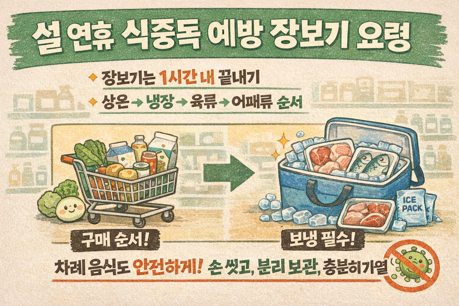 설 연휴 식중독 예방 장보기 요령: ‘상온→냉장→육류→어패류’ 순서와 보관·가열 기준 총정리