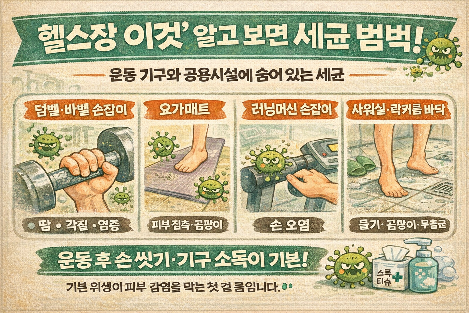 헬스장 세균 범벅, 피부 트러블 부르는 운동기구…덤벨 손잡이 특히 주의