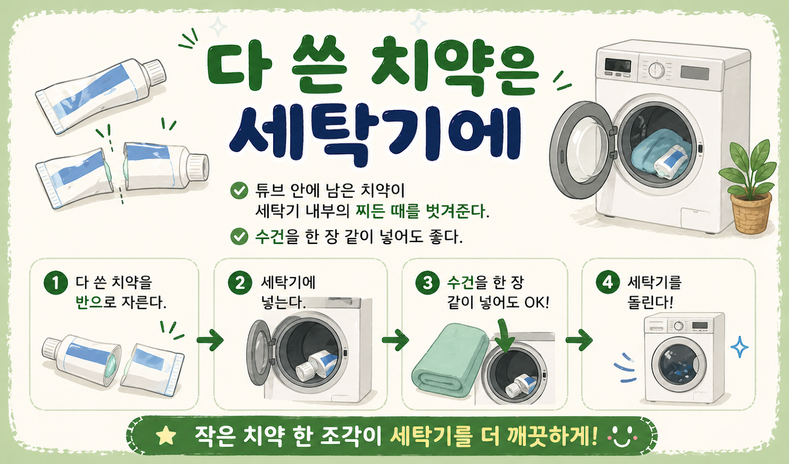 다 쓴 치약은 세탁기에, 수건 한 장 넣으면 찌든 때 제거에 도움 됩니다