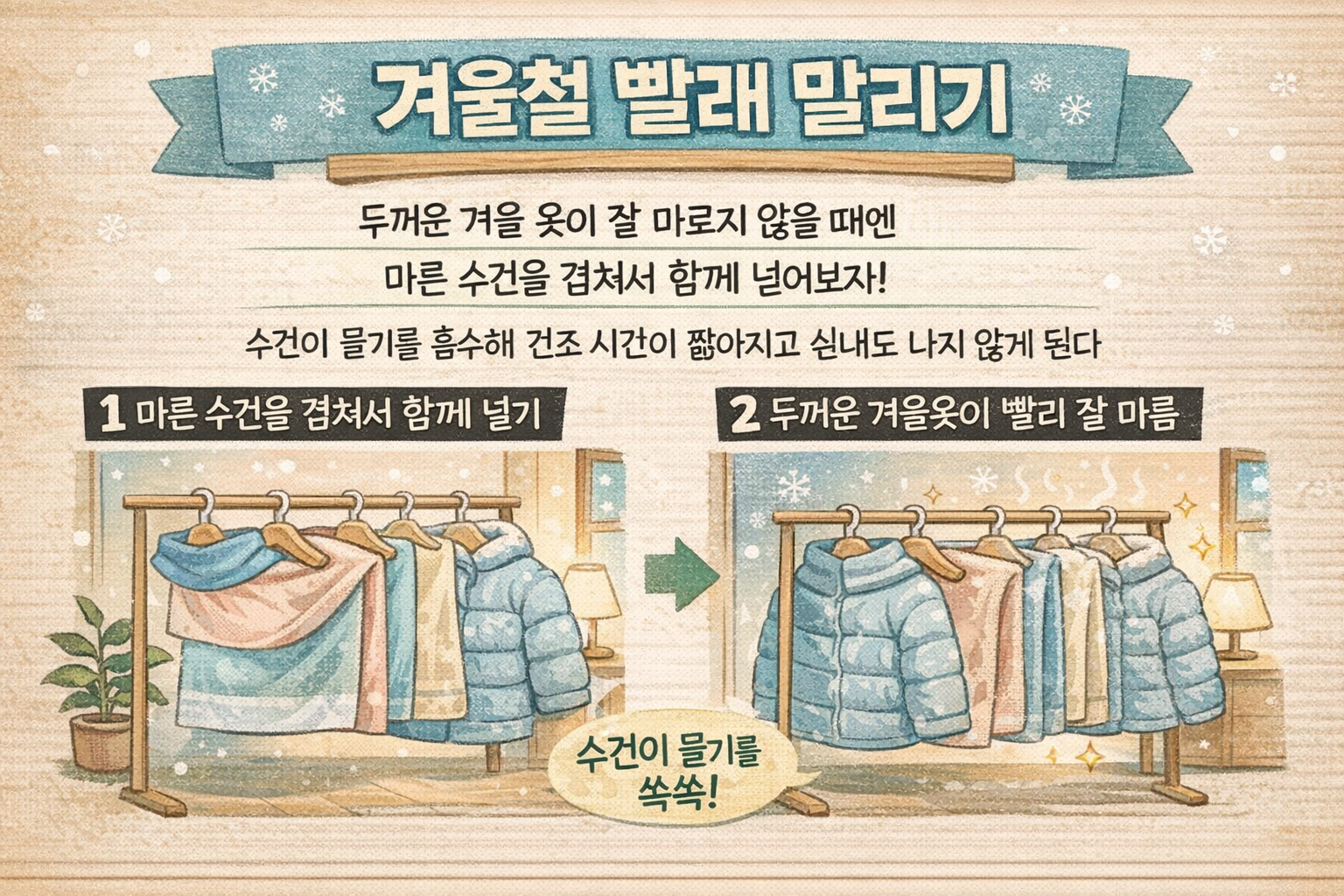 겨울철 빨래 말리기, 마른 수건 하나로 건조 시간 줄이고 쉰내 잡는 법