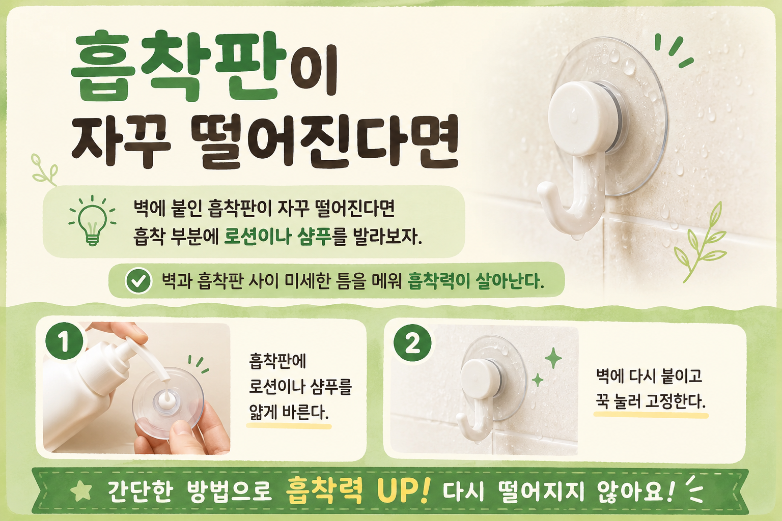 흡착판이 자꾸 떨어진다면? 로션 한 방울이면 끝