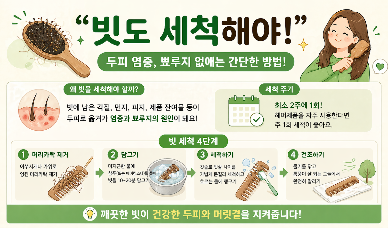 빗 안 씻으면 두피 염증? 뾰루지 줄이는 빗 세척법과 관리 주기