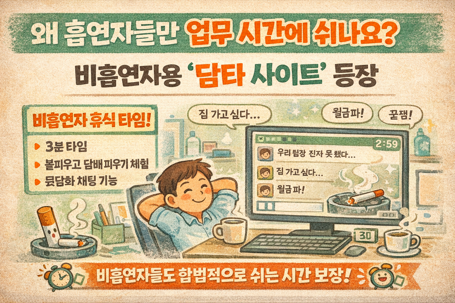 왜 흡연자들만 업무 시간에 쉬나요? 비흡연자용 온라인 담타 사이트 화제