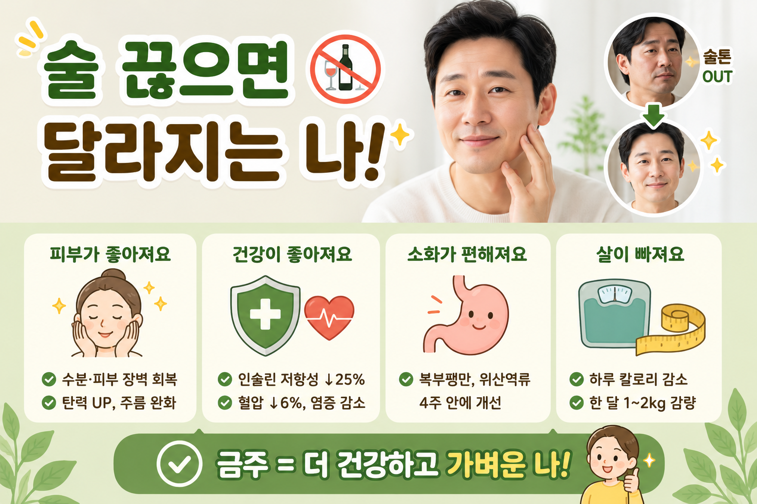 술 끊으면 피부와 얼굴선이 달라지는 이유, 금주 효과는 생각보다 큽니다