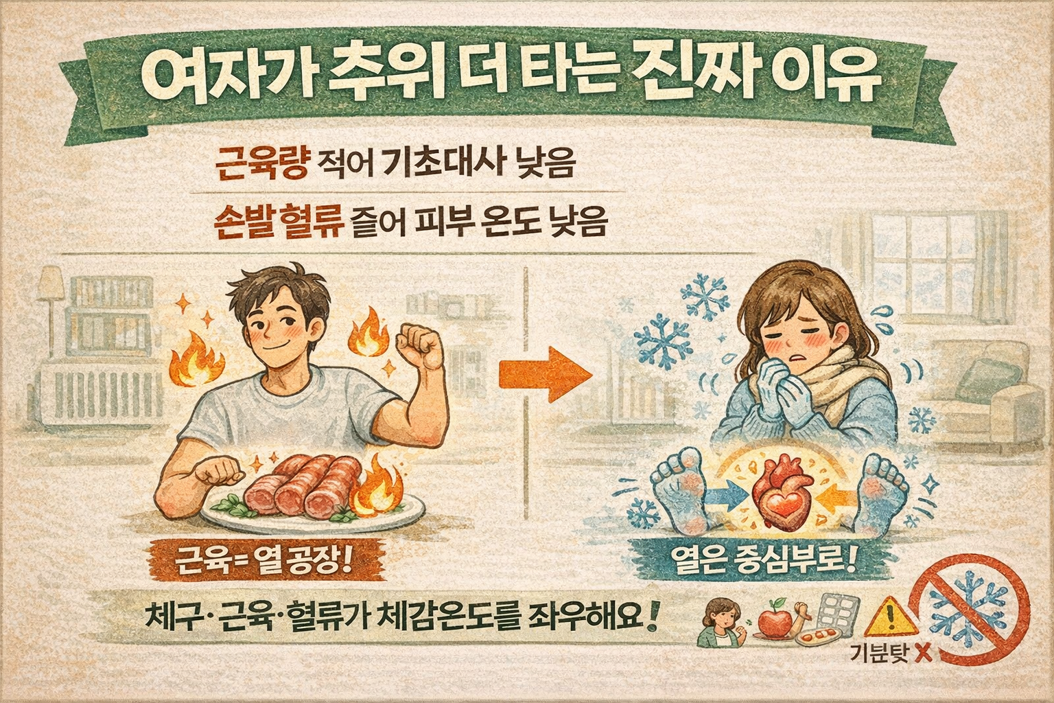 여자가 남자보다 추위를 더 타는 진짜 이유: 기초대사량·근육량·말단혈류 차이