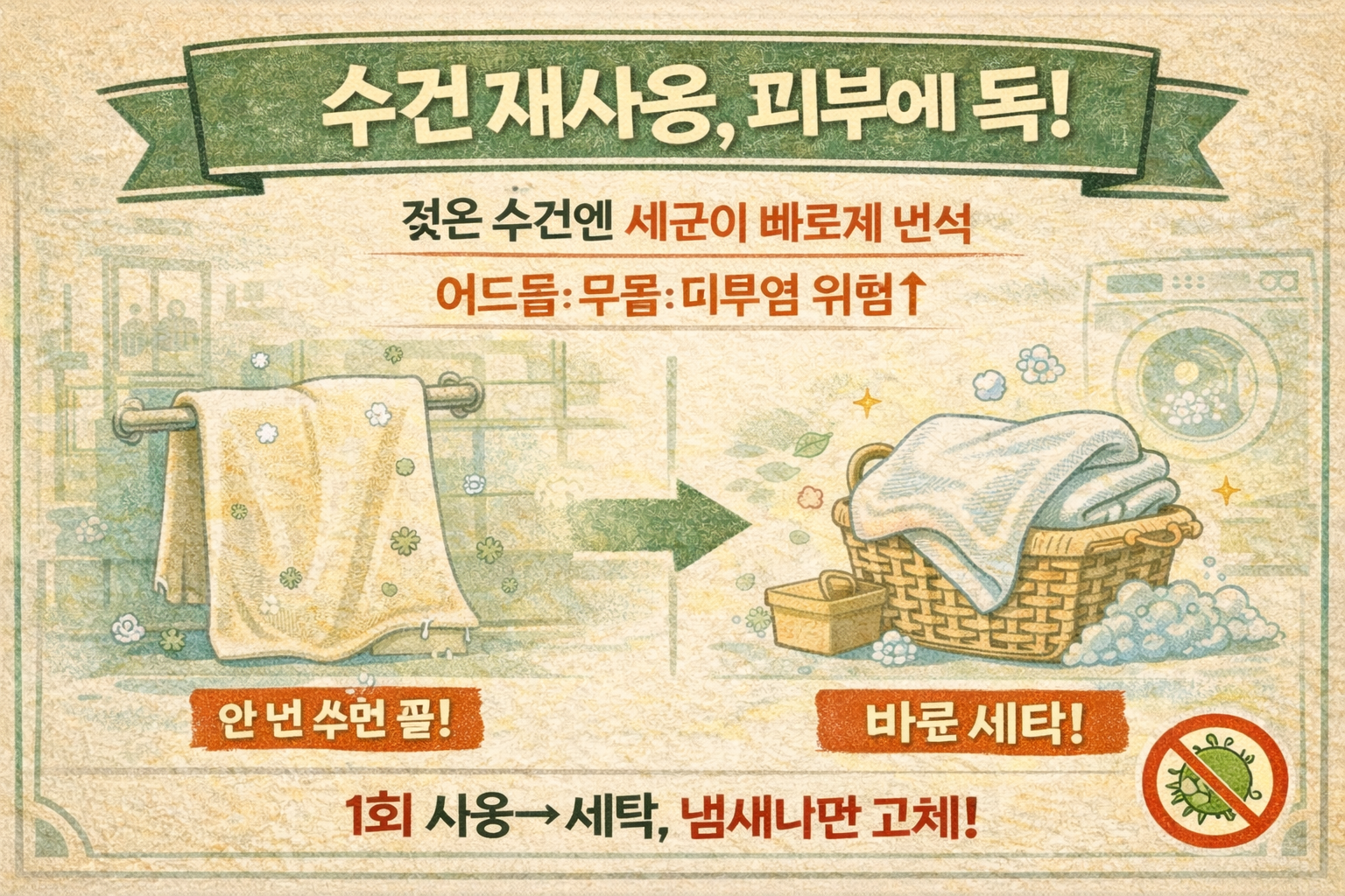 수건 재사용이 피부 트러블 부른다: 세균 번식 막는 건조·세탁법과 교체 주기(6개월~1년)