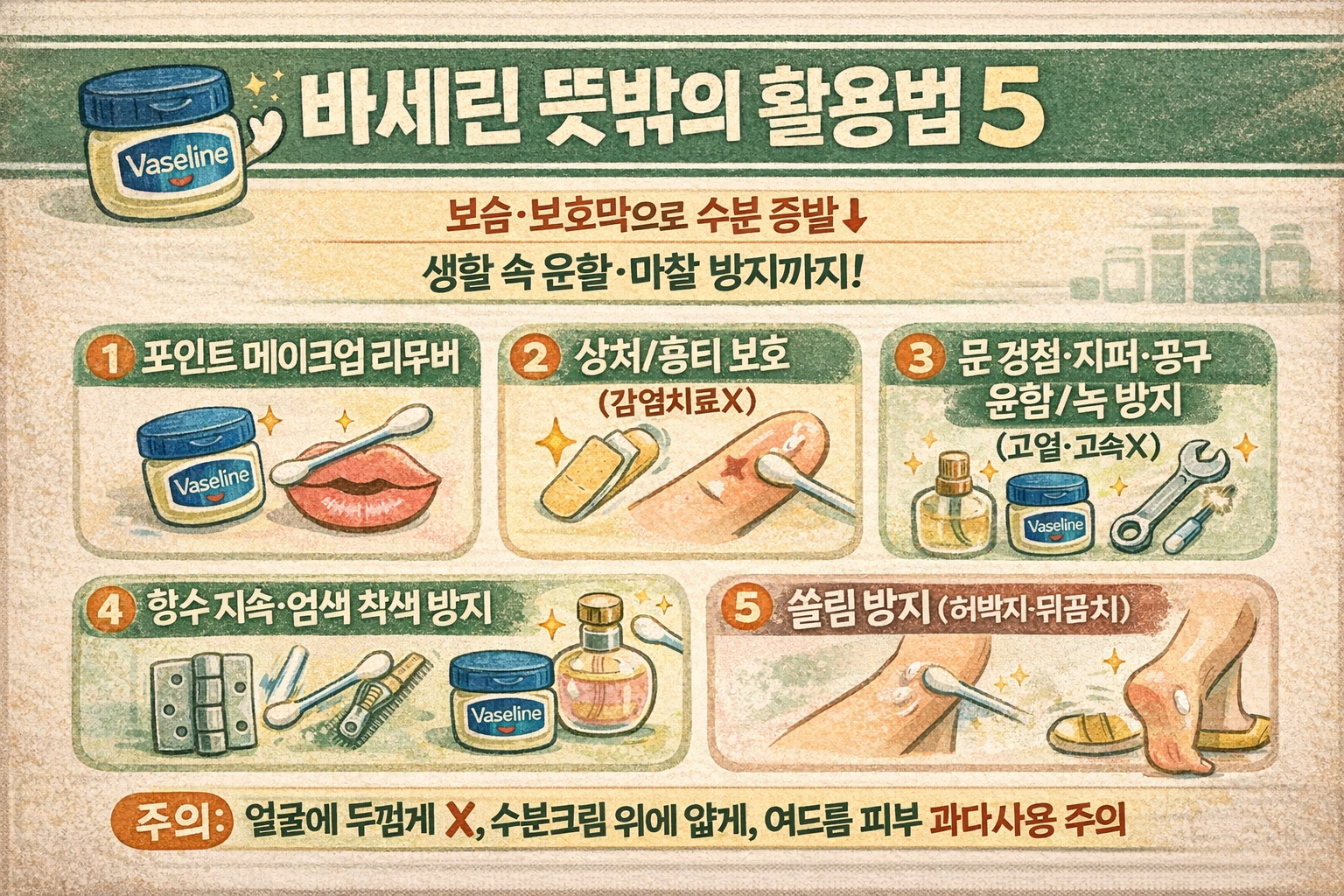 바세린, 얼굴 말고 ‘여기’에 바르세요! 향수·염색·지퍼·상처·쓸림 해결 5가지 활용법(+모공 주의)