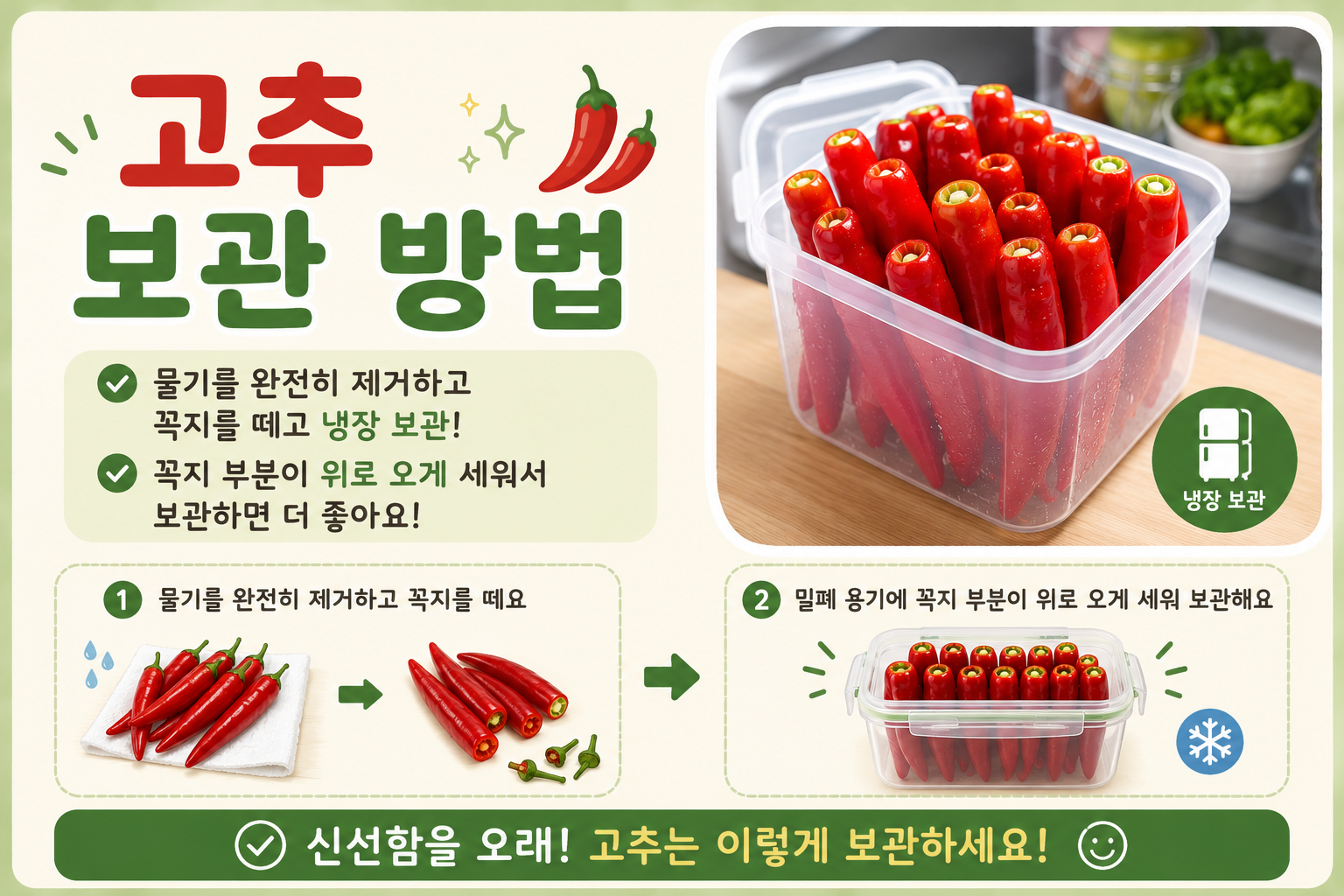 고추 보관 방법, 물기 제거와 꼭지 손질로 오래 싱싱하게