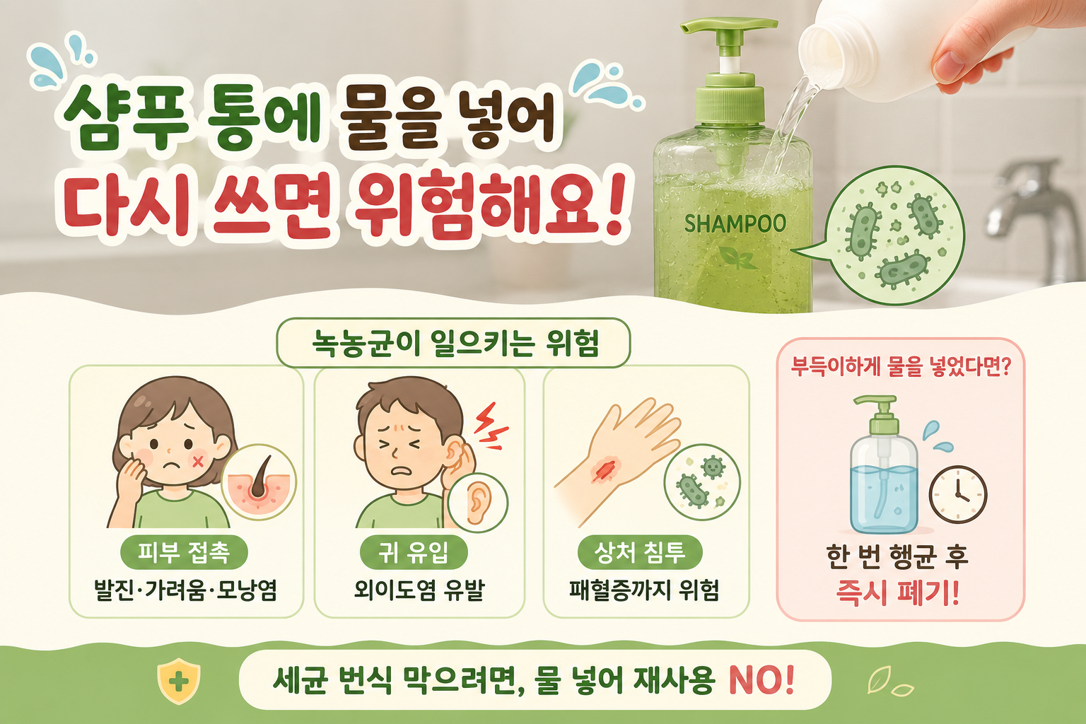 샴푸 통에 물 넣어 쓰면 위험한 이유, 녹농균 번식 부르는 습관