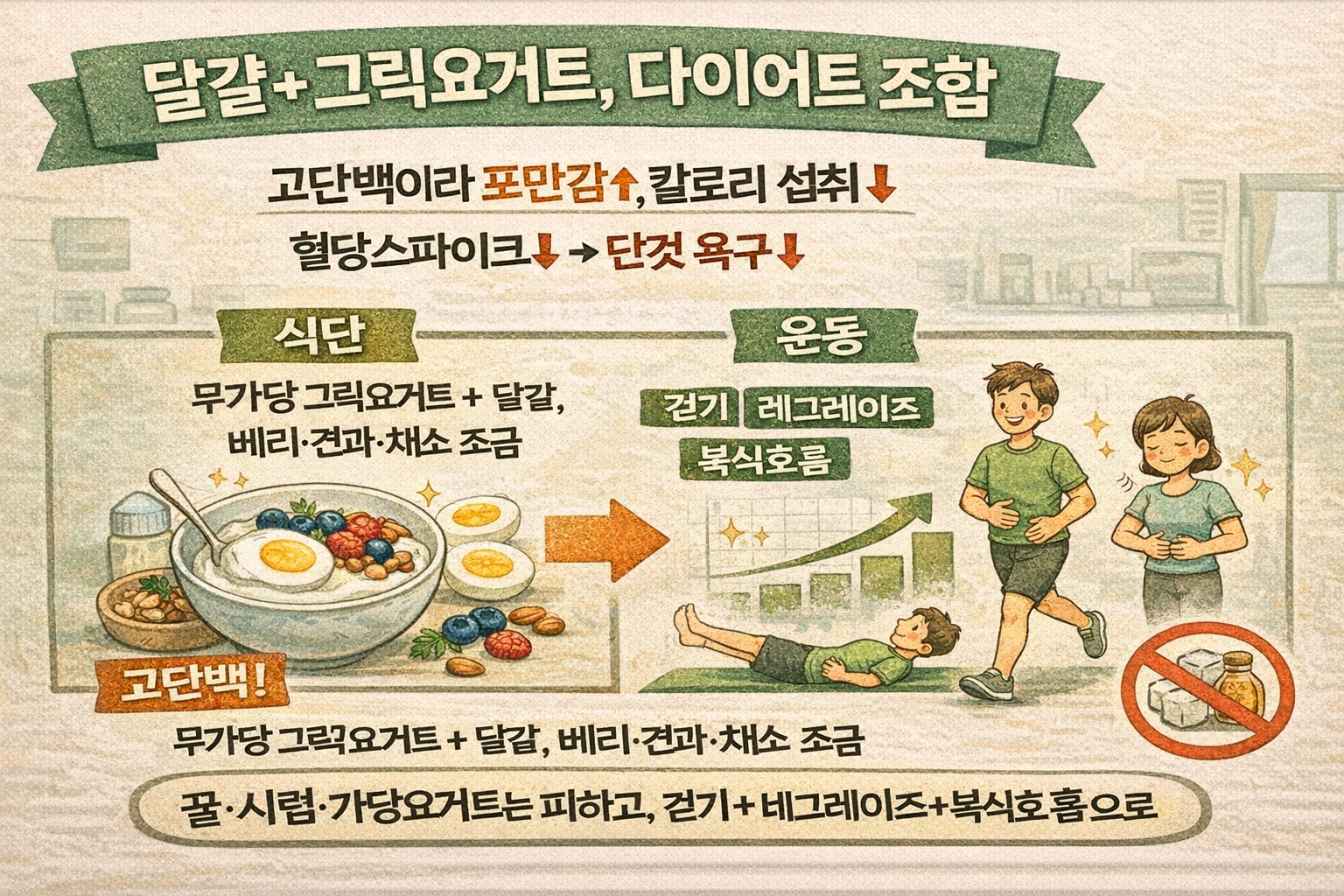 달걀+그릭요거트 다이어트 조합: 포만감↑ 혈당스파이크↓(베리·견과·채소) + 걷기·레그레이즈·복식호흡 복근 루틴