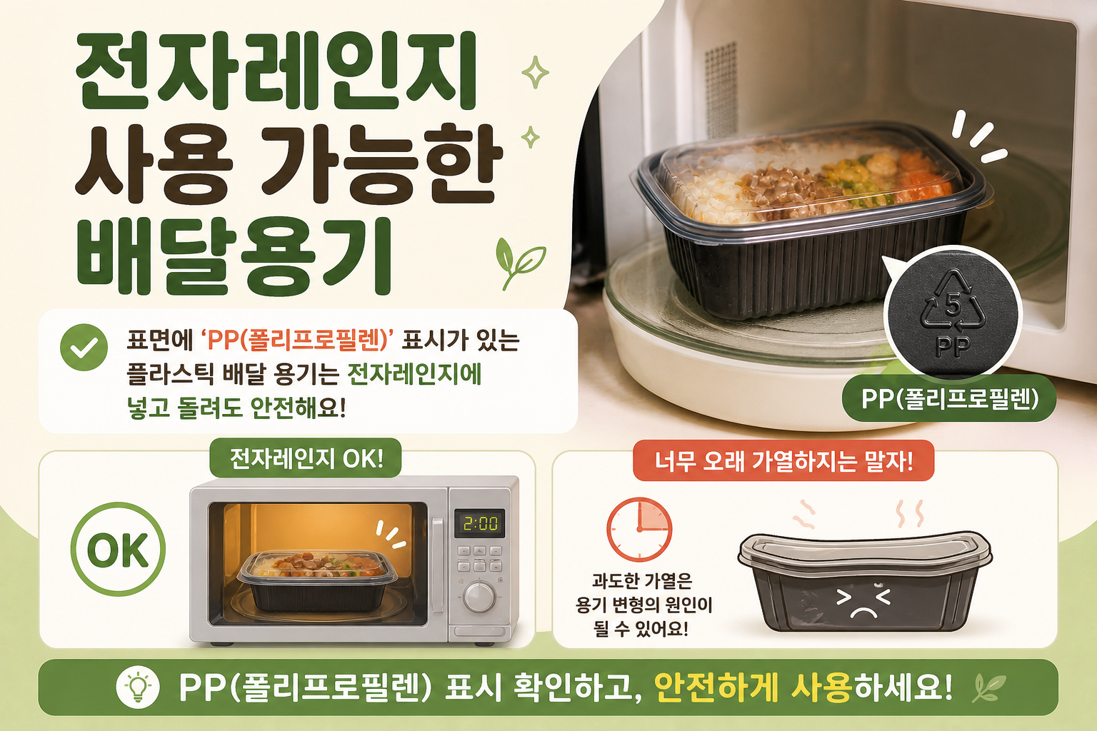 전자레인지 사용 가능한 배달용기, PP 표시 확인하고 오래 가열은 피하세요