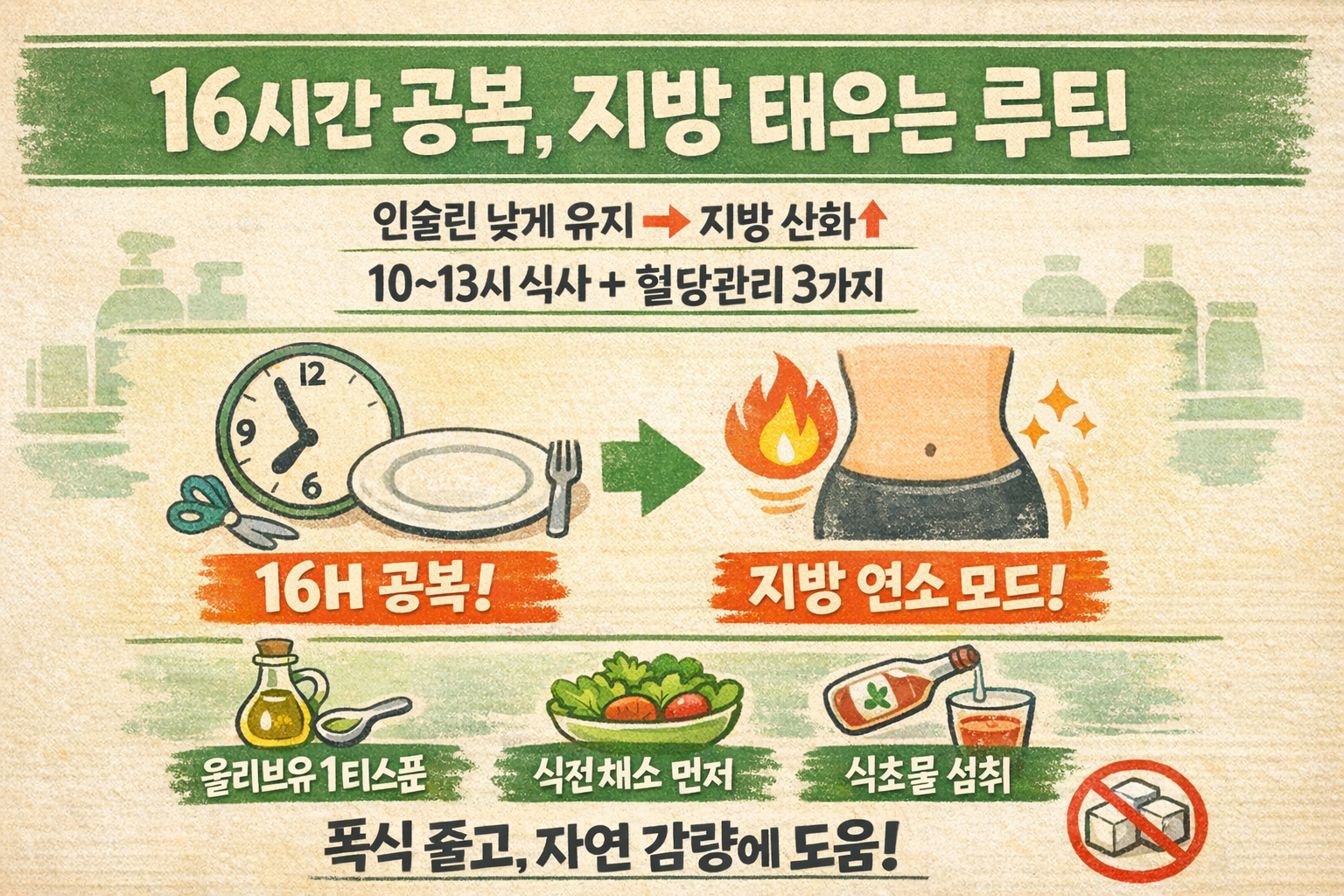 16시간 공복 간헐적 단식, 지방 태우는 몸으로…혈당 스파이크 줄이는 올리브유·채소·식초 습관