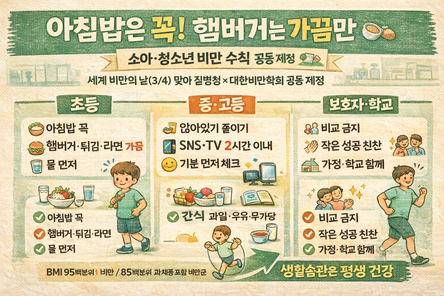 “아침밥은 꼭·햄버거는 가끔만” 질병청, 소아청소년 비만 수칙 첫 제정…스마트폰 2시간·정서관리까지