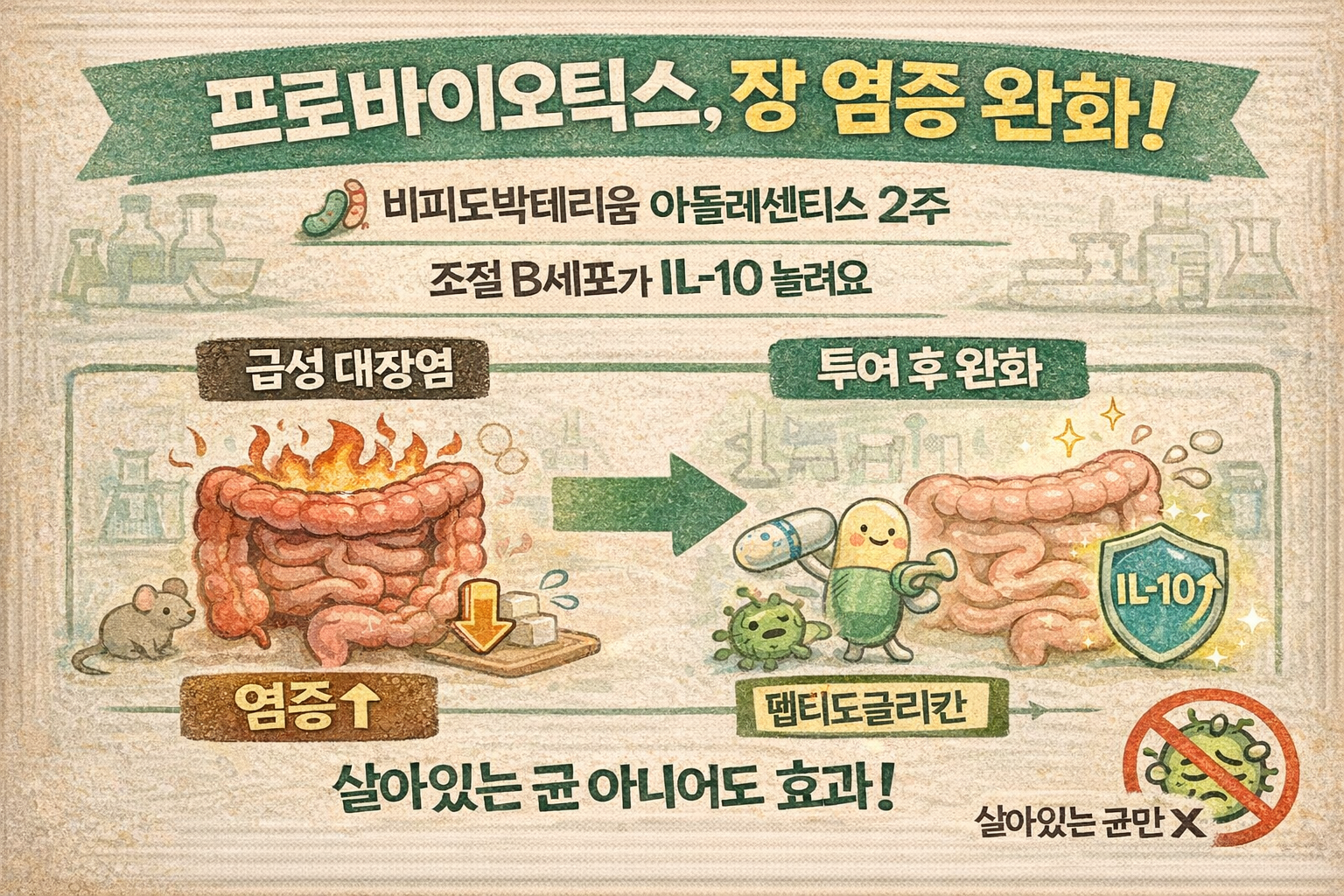 “먹어봤자 소용없다?” 반전! ‘죽은 유산균’도 장 염증 잡는다|펩티도글리칸→조절B세포 IL-10 메커니즘