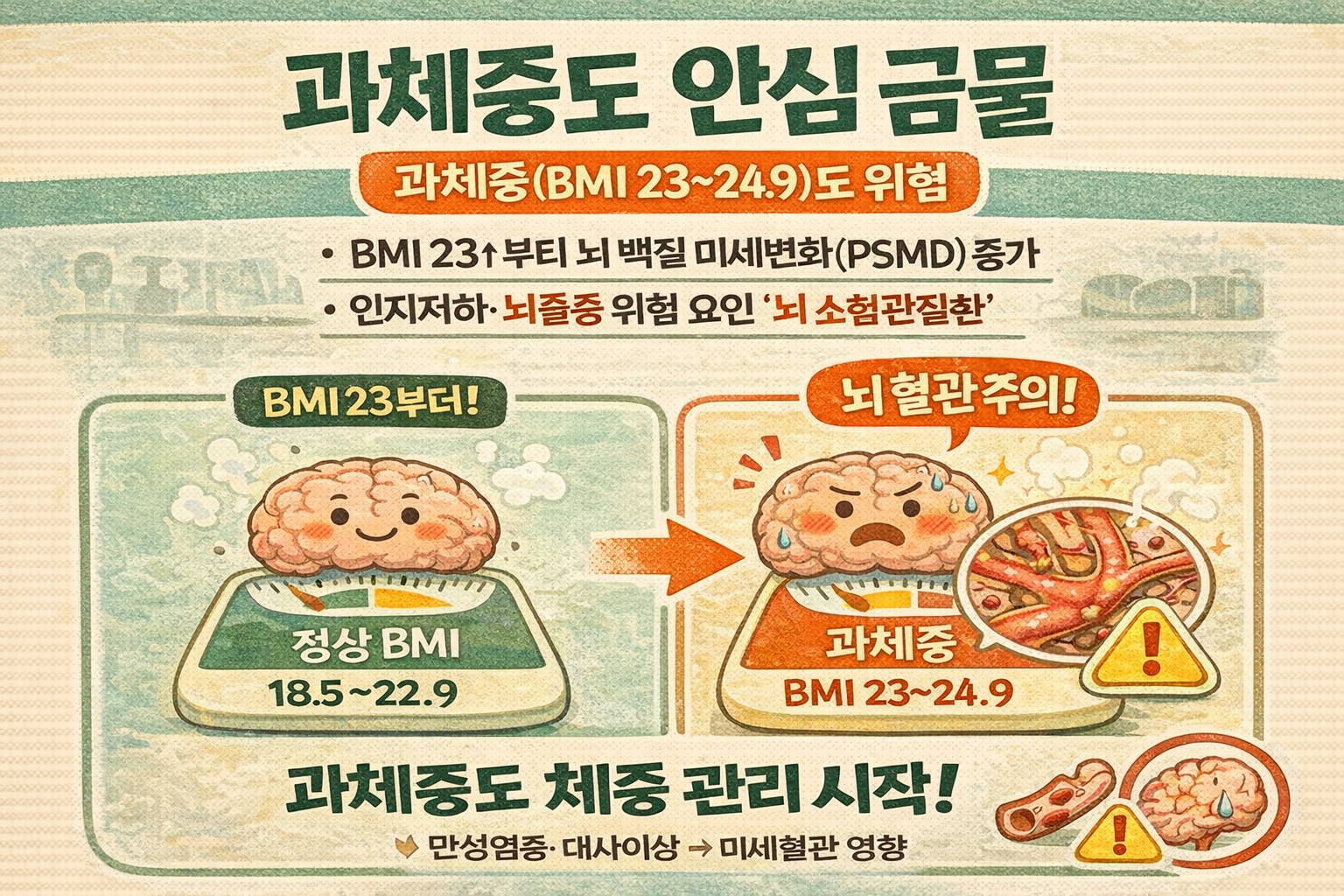 비만 아니고 과체중(BMI 23)이라 괜찮다? 뇌 소혈관질환 위험 높아진다는 연구