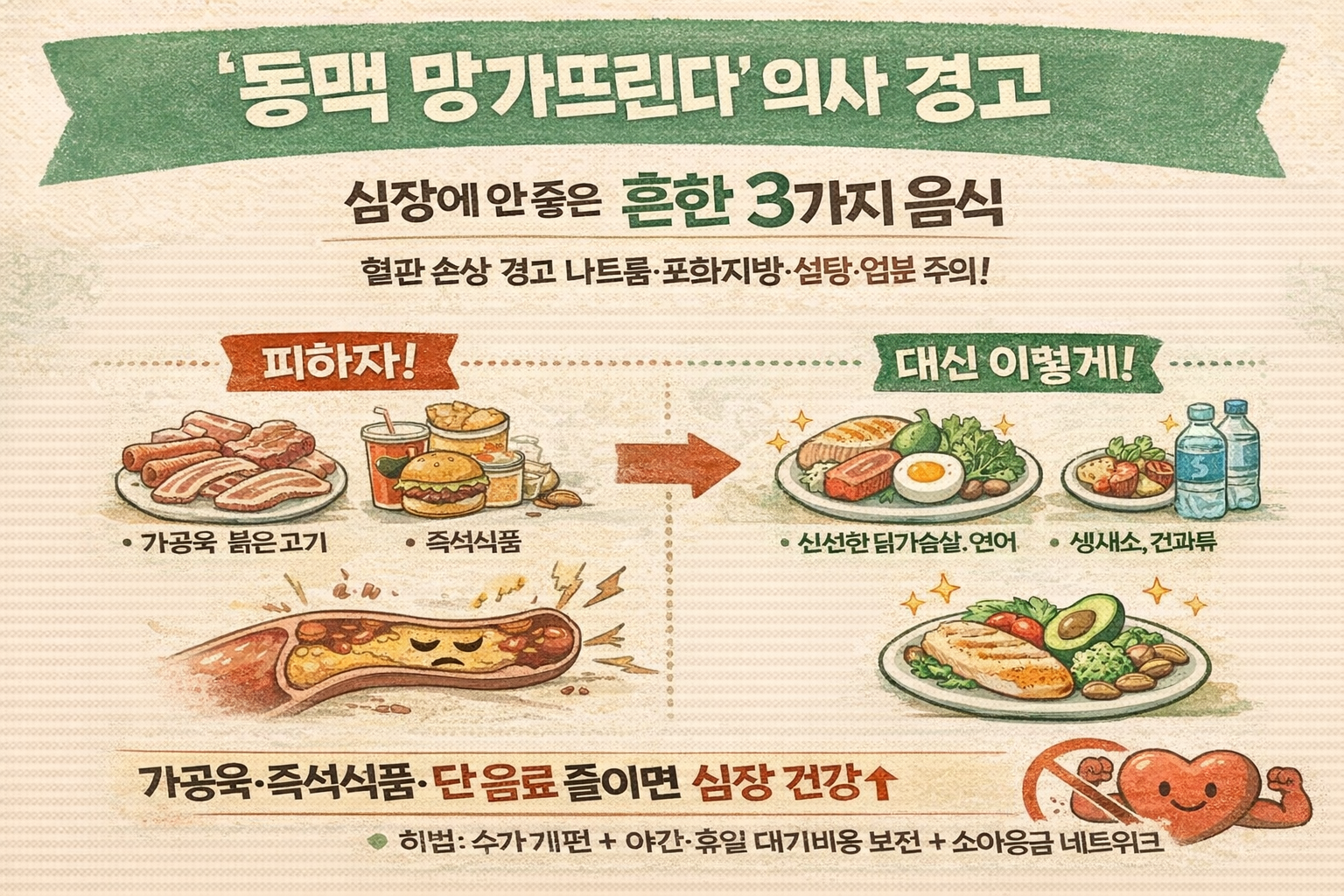 심장 전문의 경고: 동맥 손상 부르는 흔한 음식 3가지(가공육·즉석식품·설탕음료)