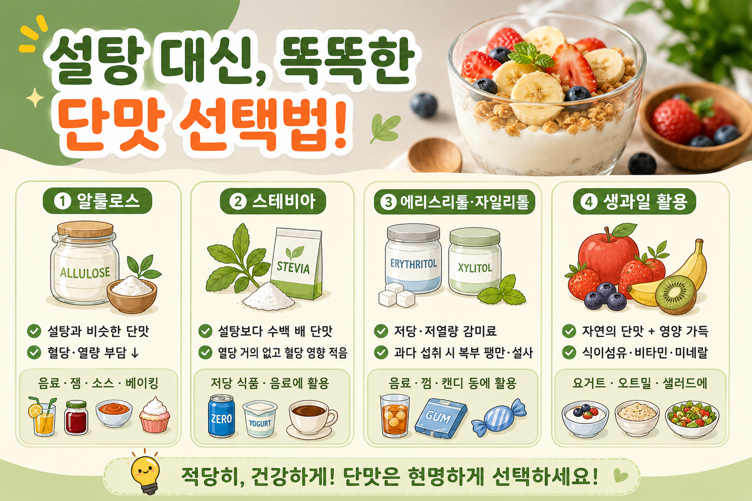 설탕 대신 뭘 넣을까? 알룰로스·스테비아·에리스리톨 차이와 주의점