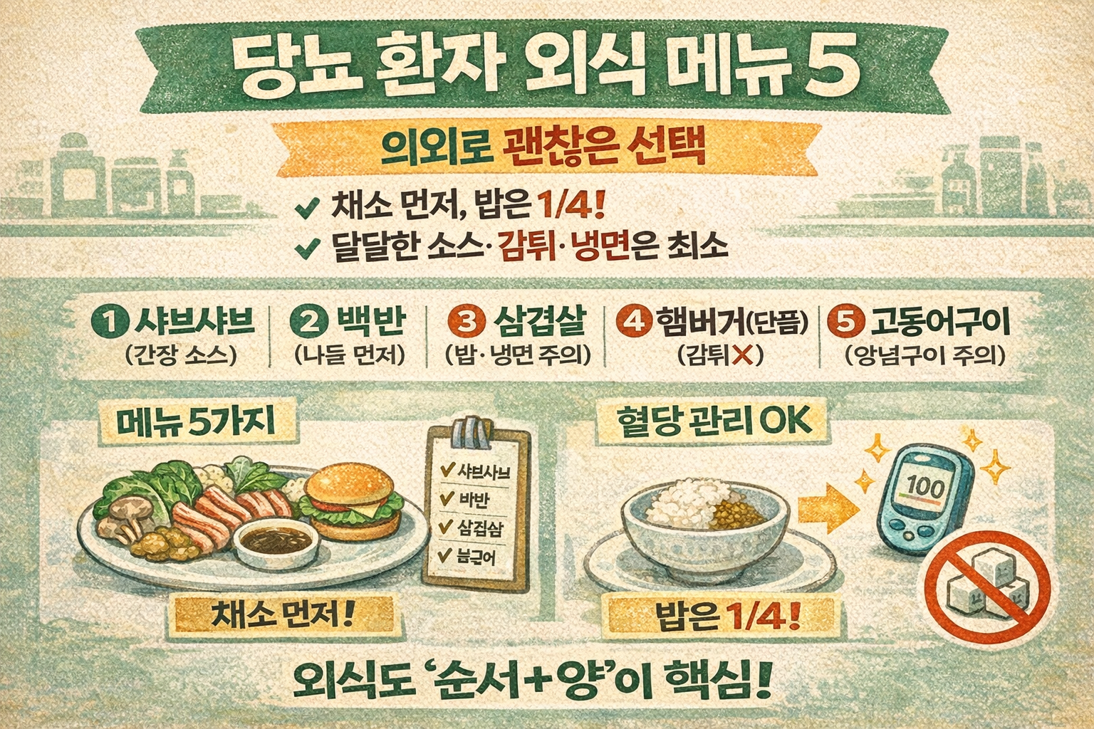 “삼겹살·햄버거 의외로 OK?” 당뇨 환자 혈당 덜 올리는 외식 메뉴 5가지 (+주문법·먹는 순서)