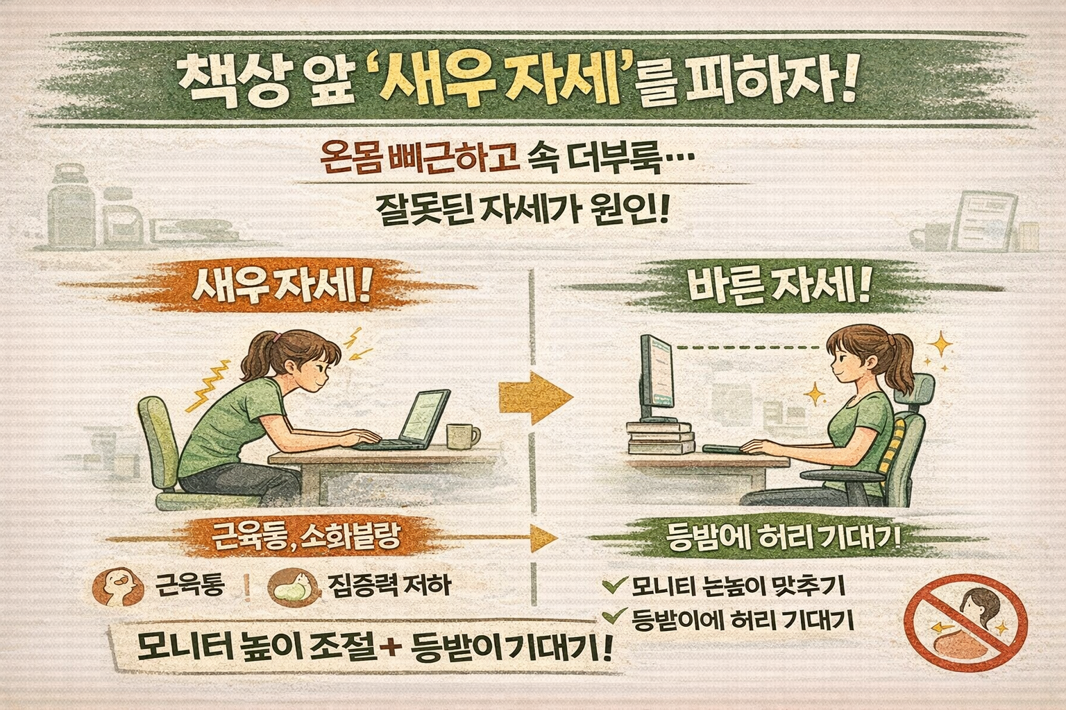 온몸 뻐근하고 속 더부룩하다면 ‘책상 새우 자세’ 의심…모니터 높이가 자세를 결정한다