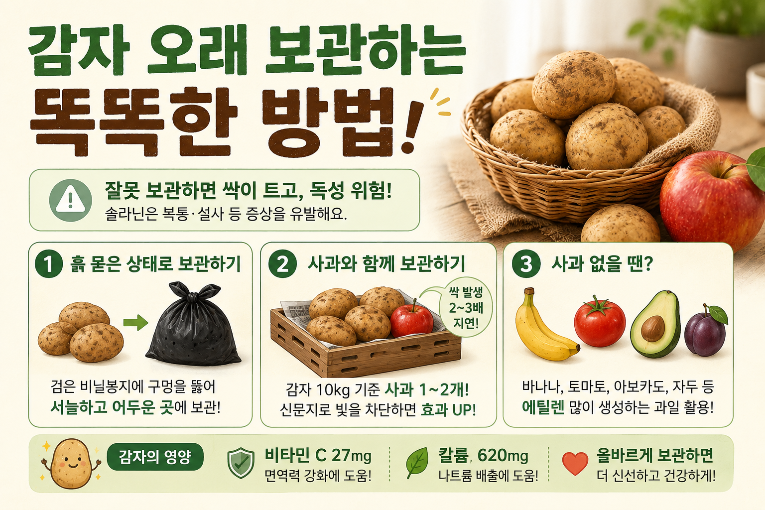 감자 보관법, 사과 하나로 싹과 솔라닌 걱정 줄이는 오래 보관 꿀팁