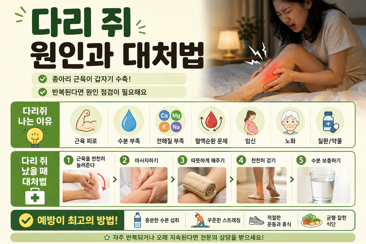 밤마다 종아리에 쥐 난다면? 다리 쥐나는 이유와 바로 푸는 법