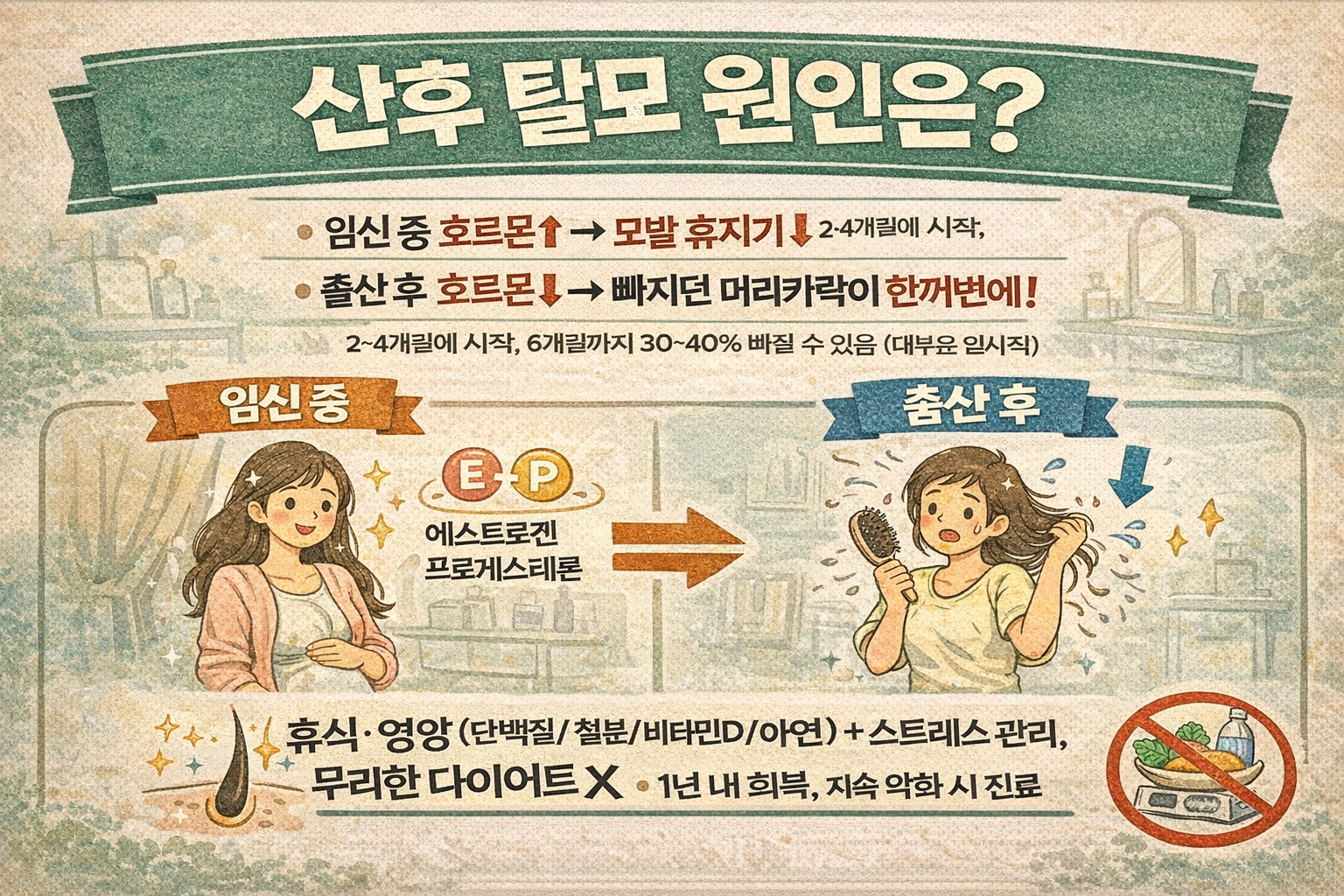 산후 탈모 원인과 시기 총정리: 왜 2~4개월에 갑자기 빠질까, 언제 회복될까