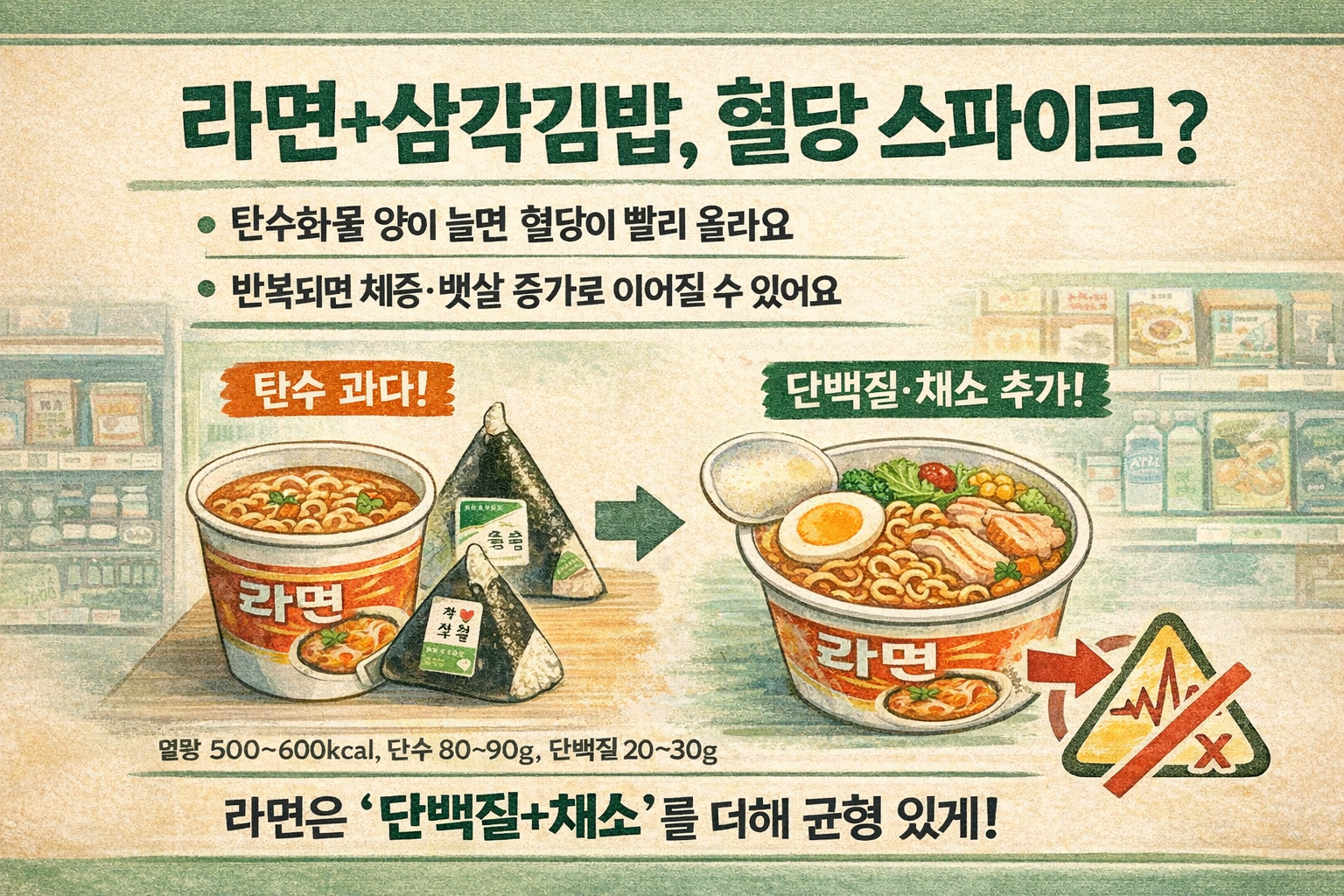 라면에 삼각김밥 추가하면 혈당 스파이크? 편의점에서 “이 조합”으로 바꾸면 달라집니다