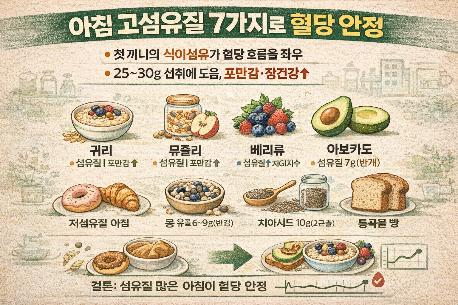 아침에 먹으면 혈당 안정! 영양사 추천 고섬유질 식품 7가지(귀리·치아시드·아보카도)