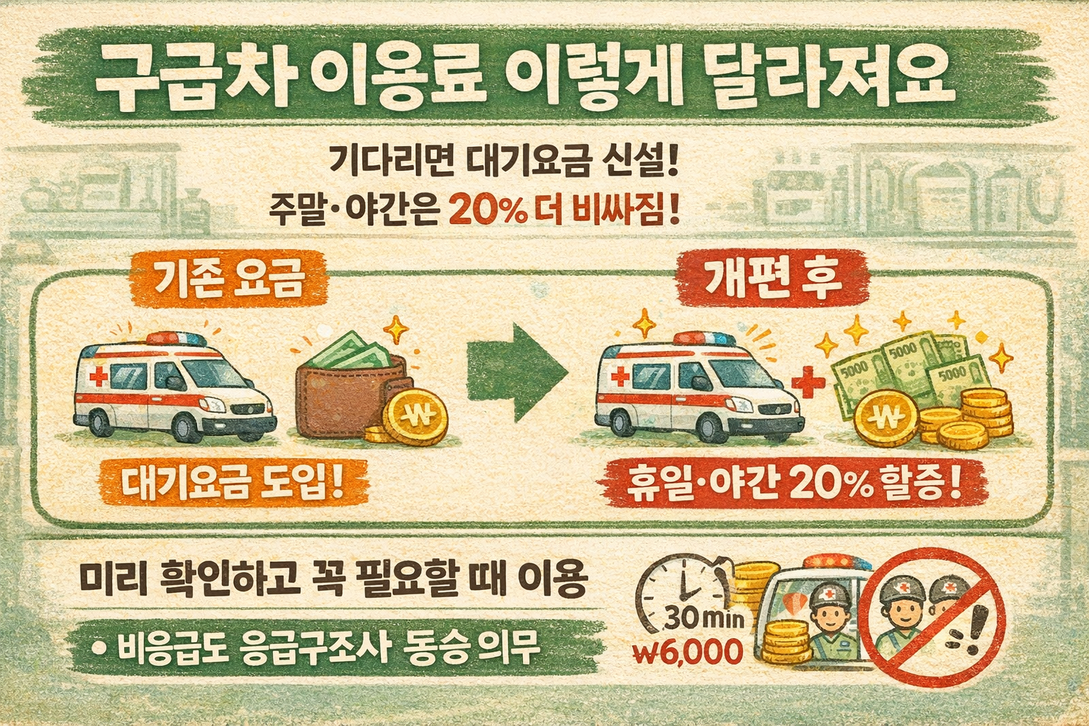 민간 구급차 이용료 오른다…대기요금 신설·토·공휴일 할증 도입, 야간 할증 18시~9시로 확대