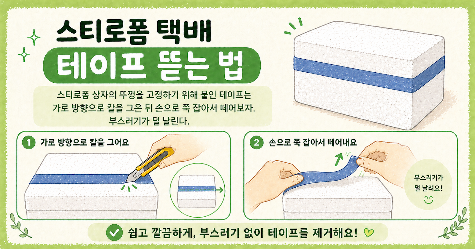 스티로폼 택배 테이프 뜯는 법, 세로로 칼집 내세요! 부스러기 덜 날리는 초간단 팁