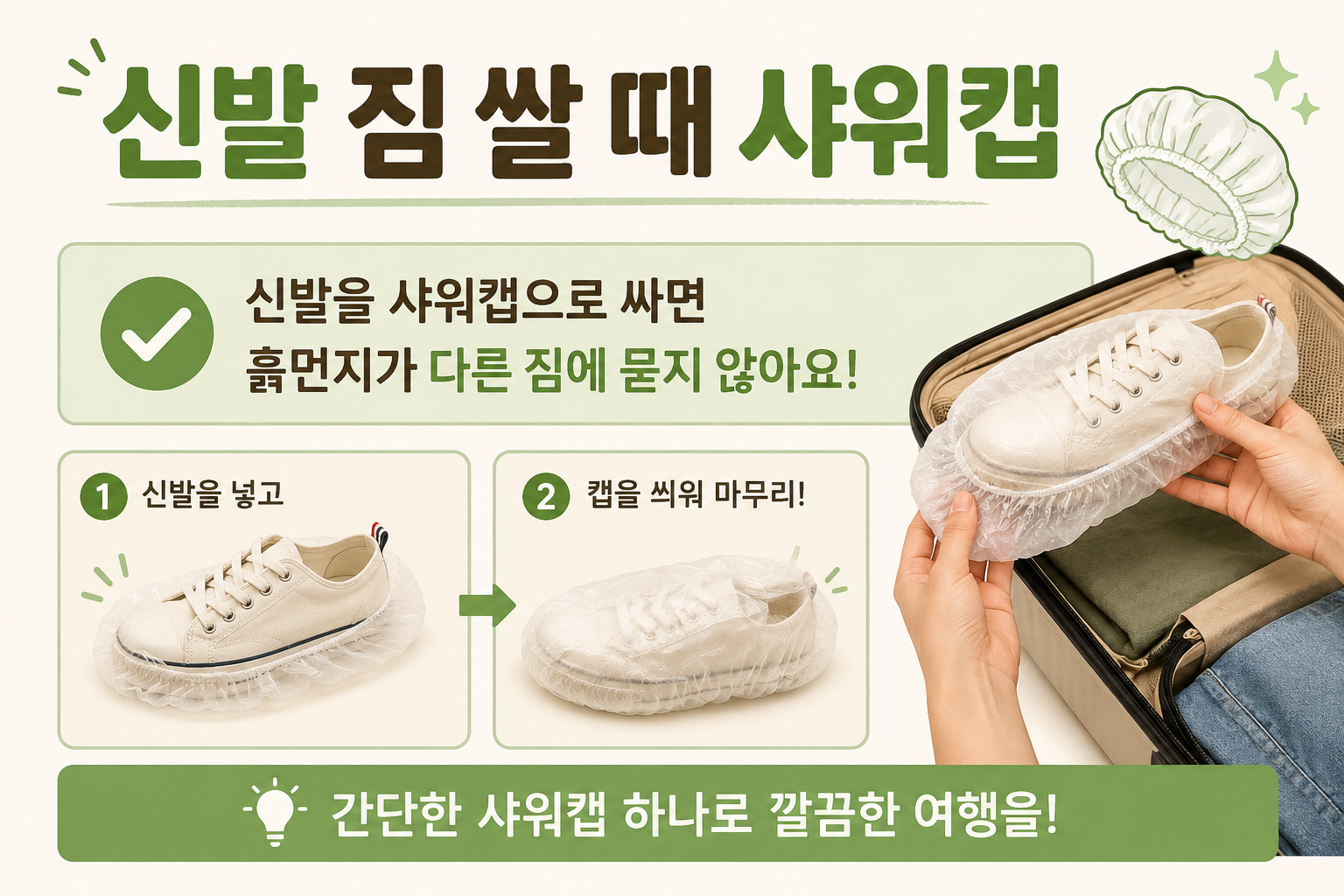 여행 짐싸기 꿀팁, 신발은 샤워캡으로! 캐리어 흙먼지 막는 초간단 방법