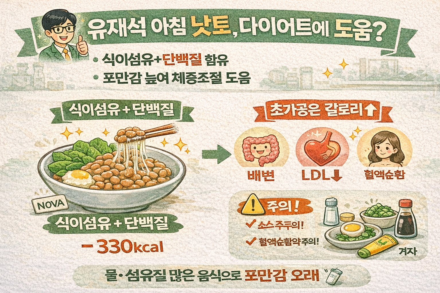 유재석 아침 ‘낫토’ 다이어트에 좋은 이유: 식이섬유·단백질·LDL 개선…나트륨·항응고제 주의사항