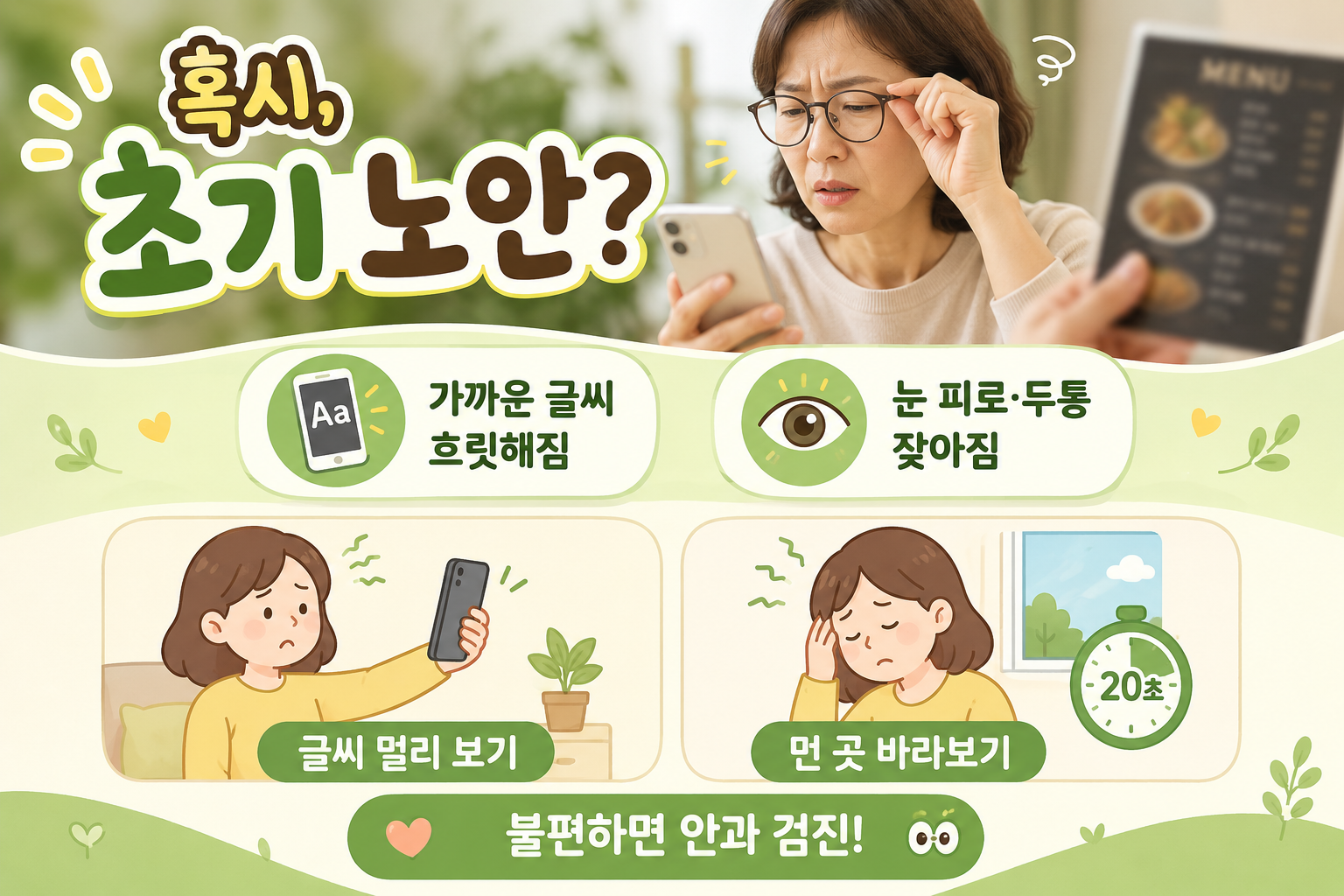 스마트폰 글씨가 흐릿하다면? 놓치면 안 되는 초기 노안 증상 5가지