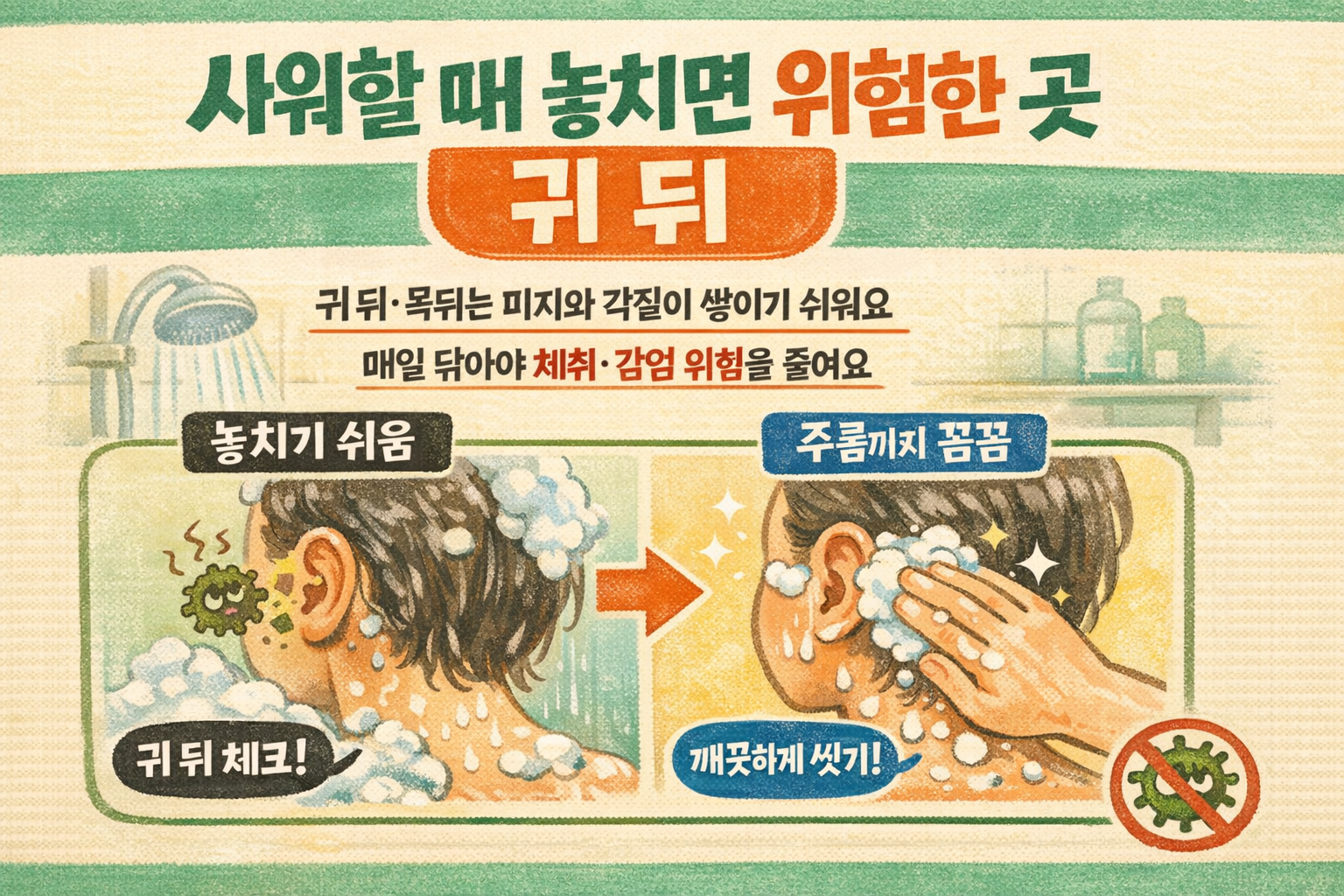샤워할 때 귀 뒤 안 씻으면 냄새·습진·감염(패혈증) 위험? 올바른 세정·보습법
