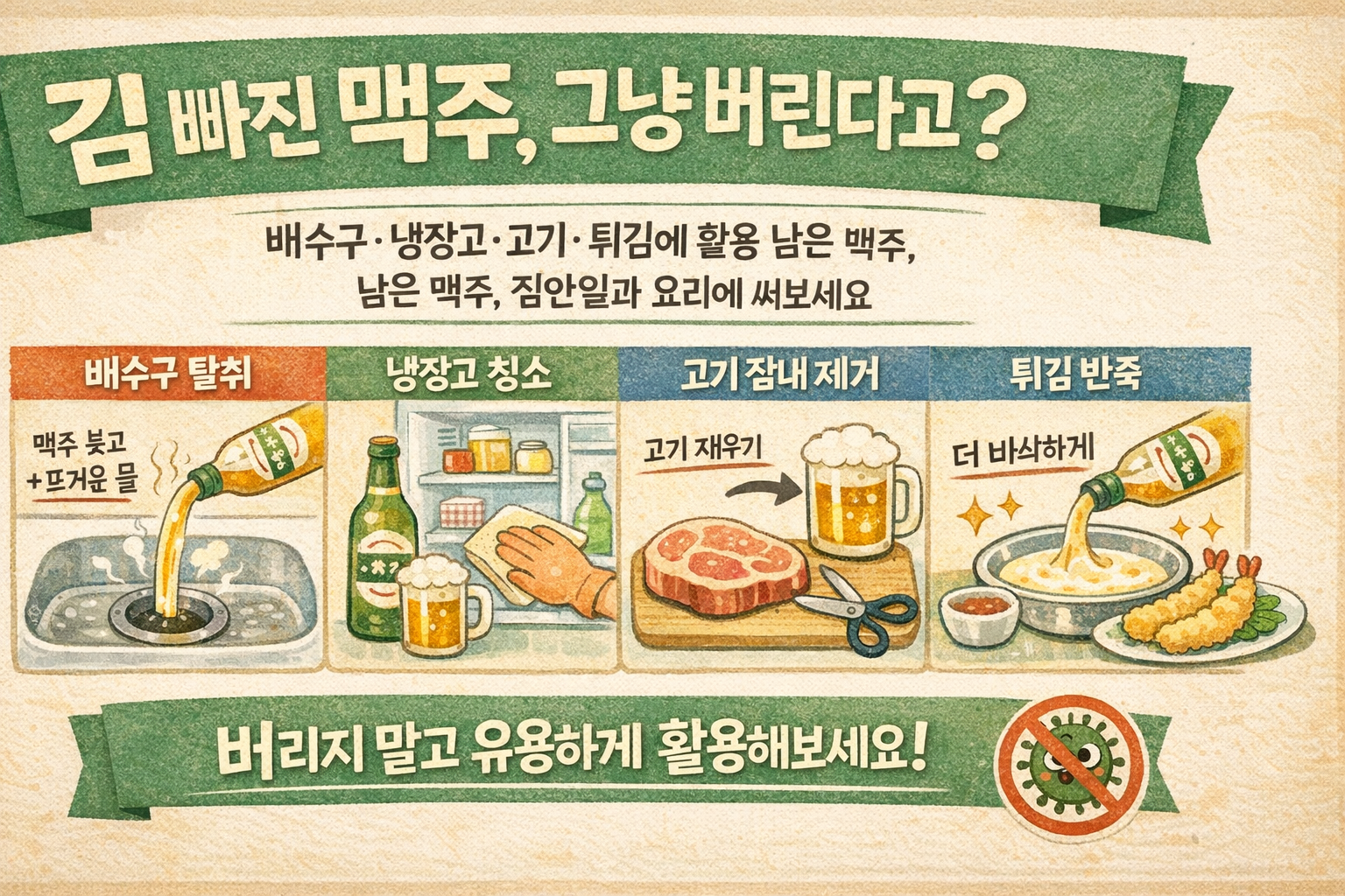 김 빠진 맥주 그냥 버리지 마세요…배수구·기름때·고기 잡내까지 해결하는 활용법 4가지