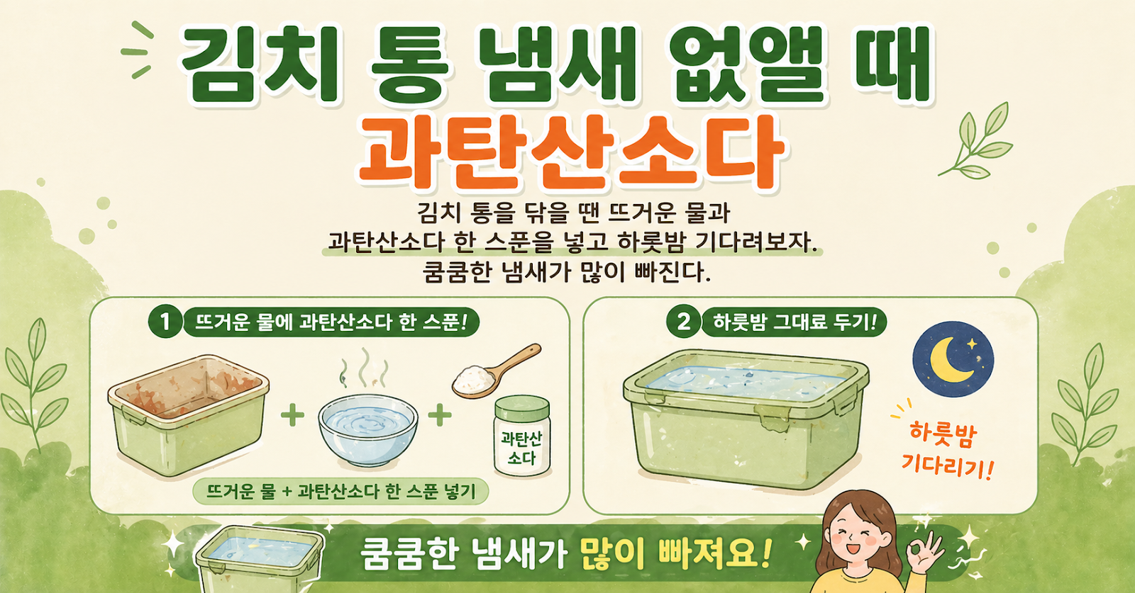 김치 통 냄새 없애기, 뜨거운 물과 과탄산소다 한 스푼이면 끝