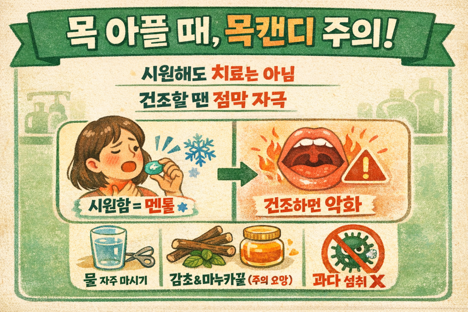 목 아플 때 목캔디, 오히려 악화될 수 있다? 멘톸·감미료·프로폴리스 주의
