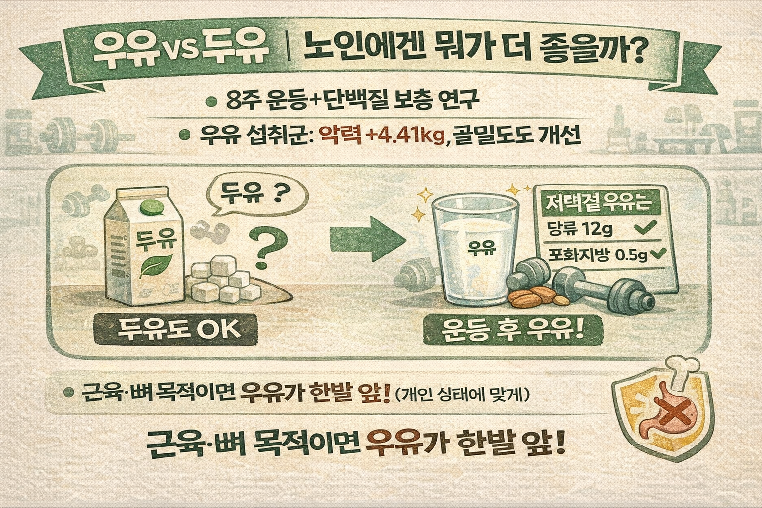 우유 vs 두유, 노인에겐 “우유가 의외로 더 좋다”? 운동 후 한 잔이 근력·골밀도 올린 이유