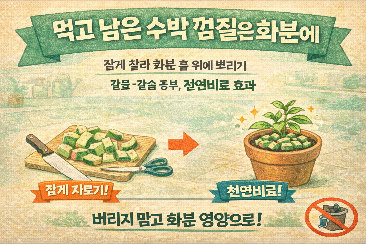 수박 껍질 활용법: 잘게 잘라 화분에 뿌리면 천연비료? 칼륨·칼슘 보충 팁