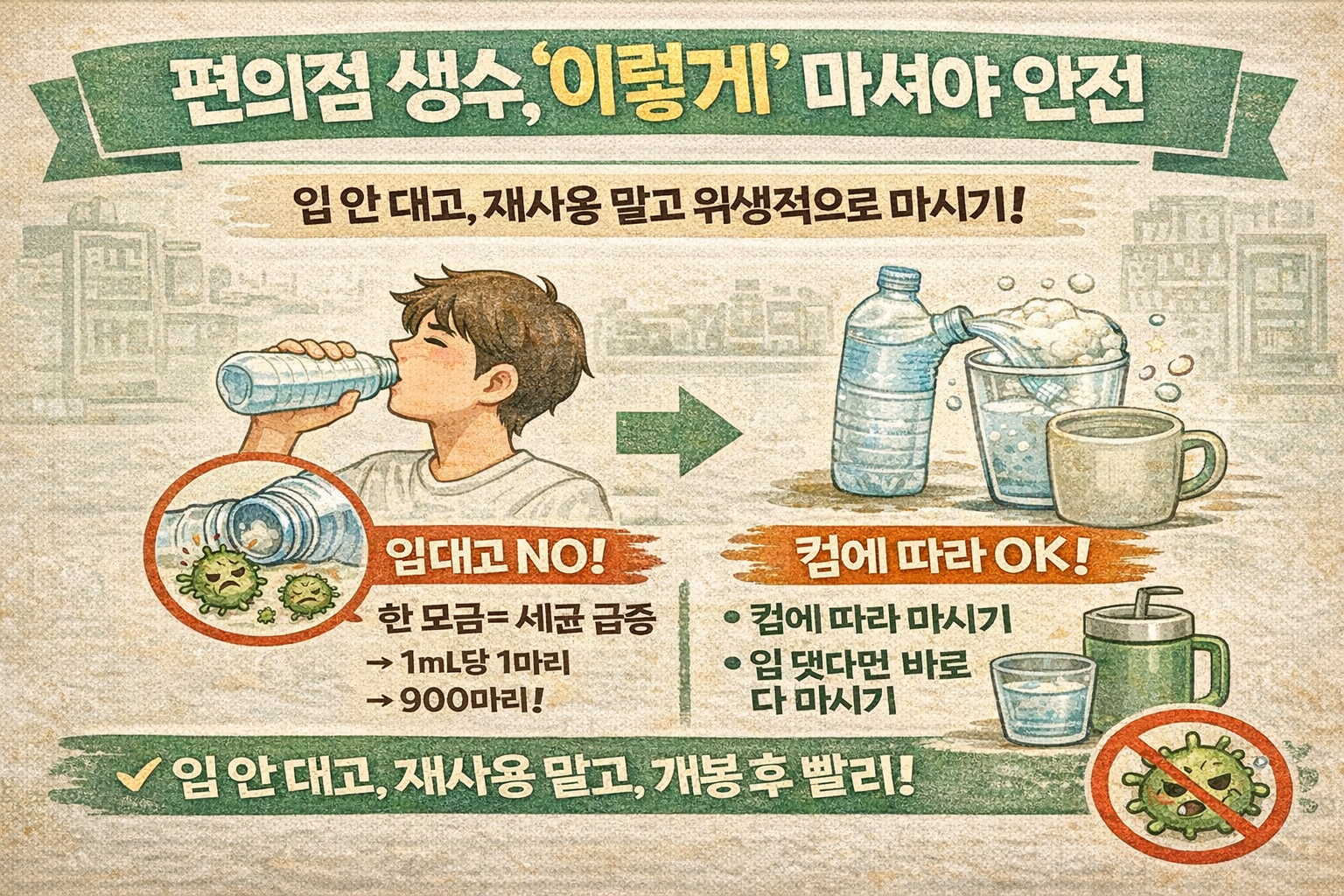 편의점 페트병 생수, 입 대고 마시면 세균 급증…안전하게 마시는 법(컵에 따라·재사용 금지)