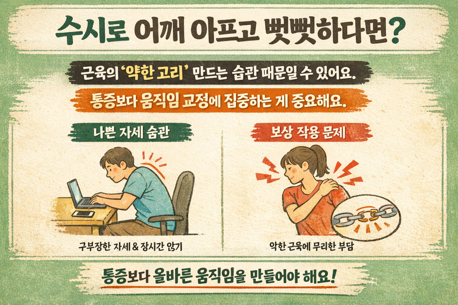 어깨 자주 아프고 뻣뻣하다면? 스트레칭보다 먼저 봐야 할 근육 보상 습관