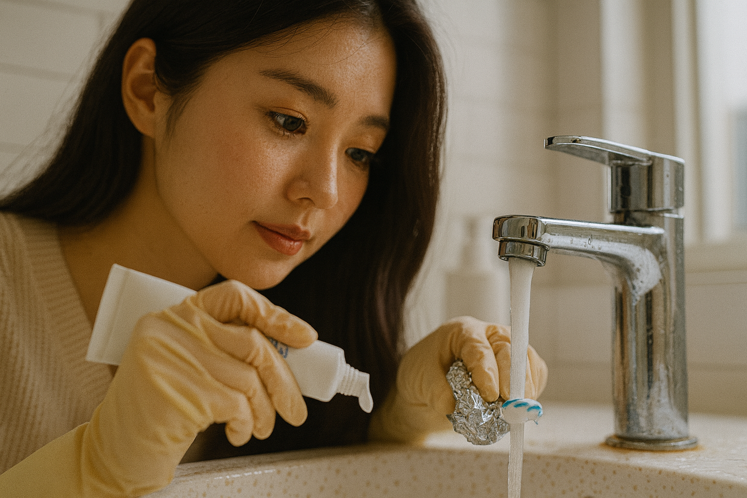 수도꼭지 물때 제거 꿀팁: 치약+알루미늄 포일로 반짝이는 세면대 청소법