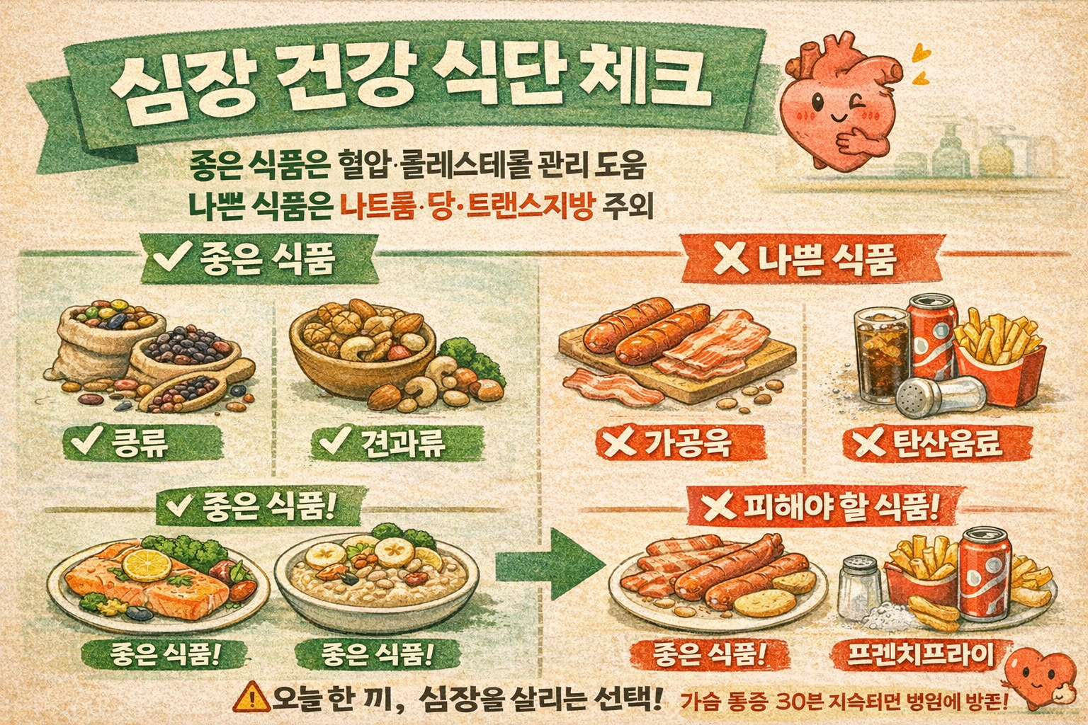 심장 건강 지키는 음식 vs 망치는 음식 총정리(연어·오트밀·콩·견과 / 가공육·탄산·짠 음식·튀김)