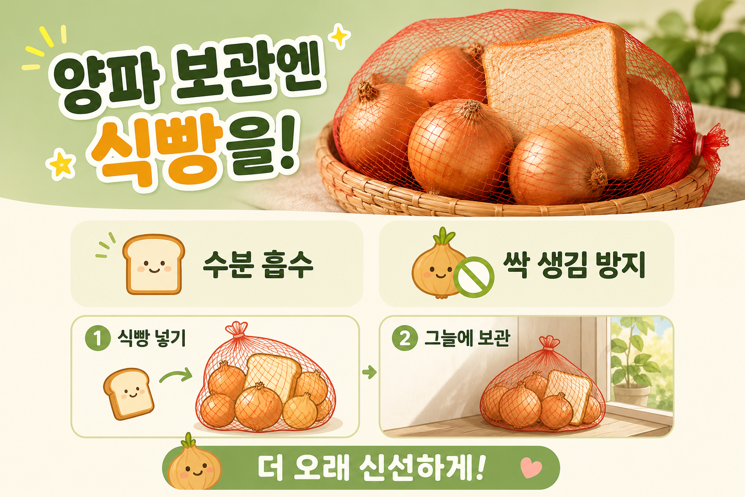 양파 싹 막는 보관법, 망 안에 식빵 한 조각 넣는 이유
