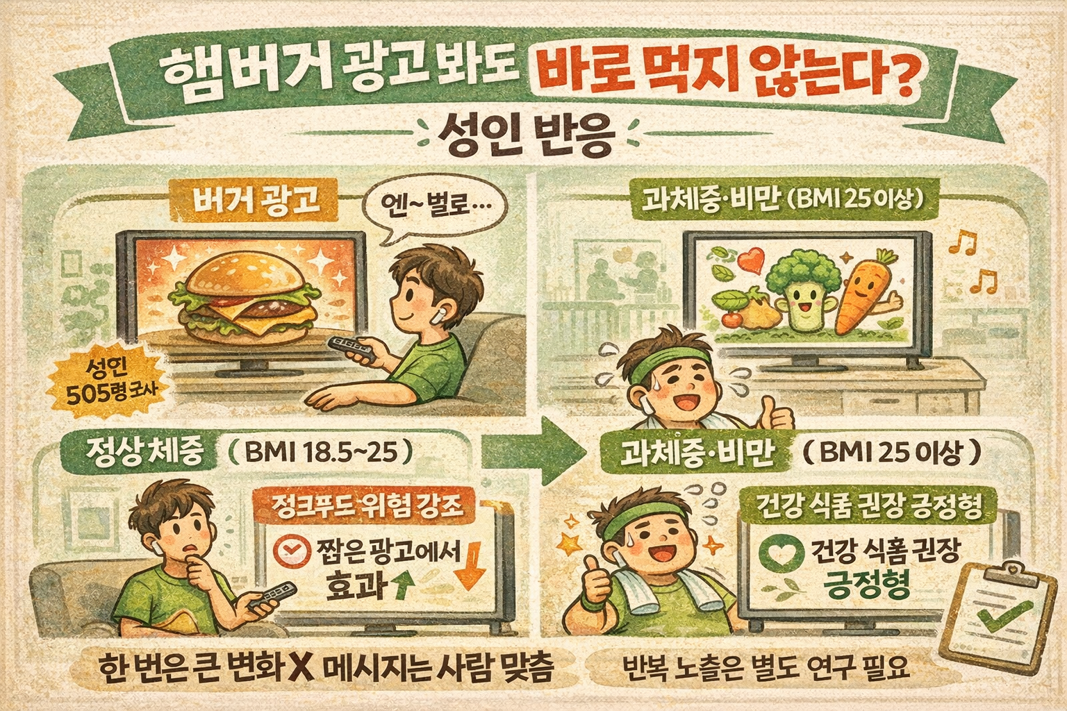 햄버거 광고 봐도 식욕 안 오른다? 성인 505명 연구 “1회 노출은 무효”… BMI별 ‘효과 메시지’는 달랐다