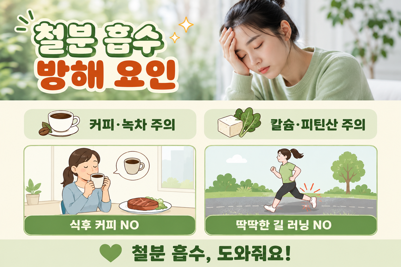 철분 먹어도 빈혈? 식후 커피·시금치 두부·러닝이 문제인 이유