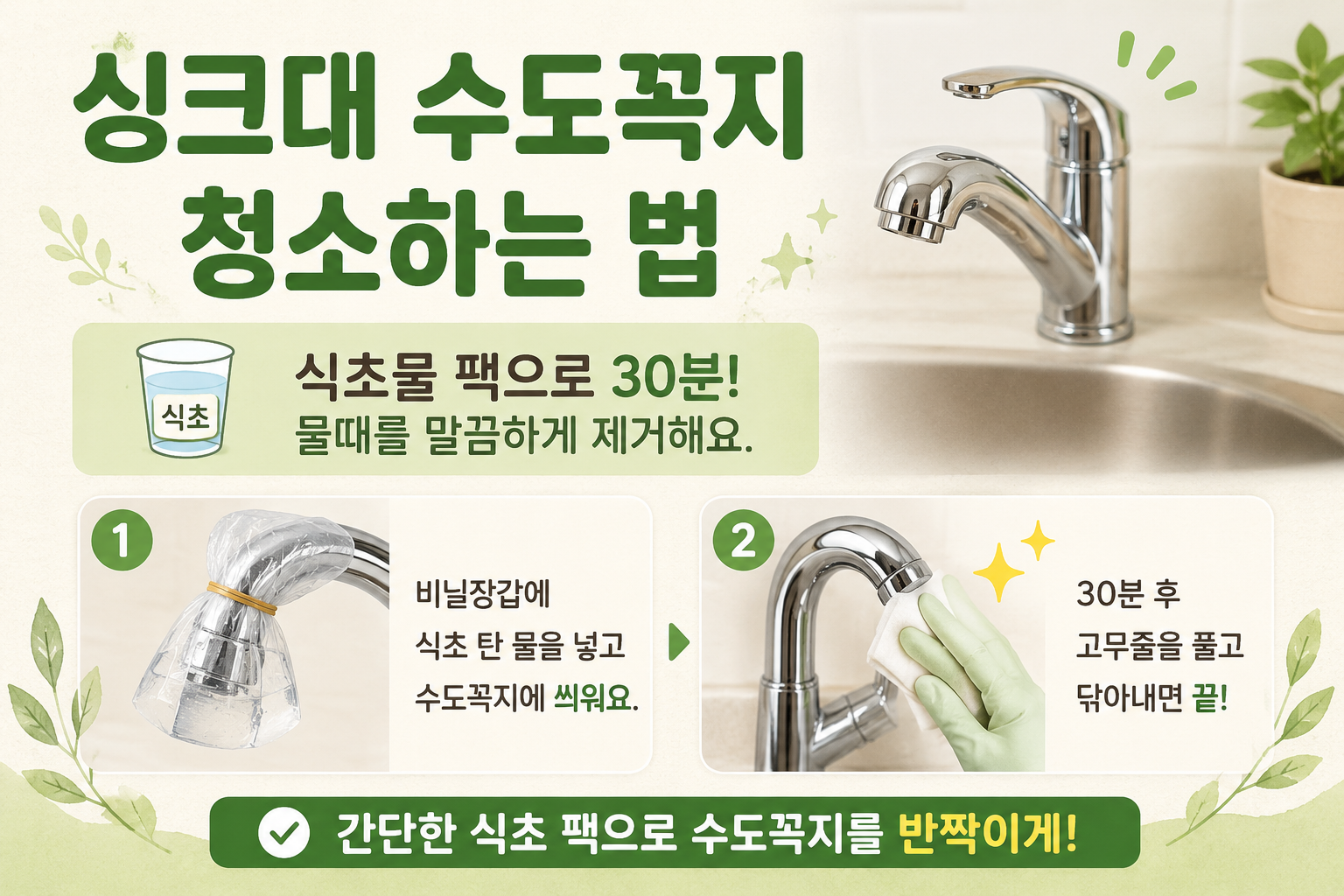 싱크대 수도꼭지 물때 제거, 식초 비닐장갑으로 30분 만에 끝내는 청소법
