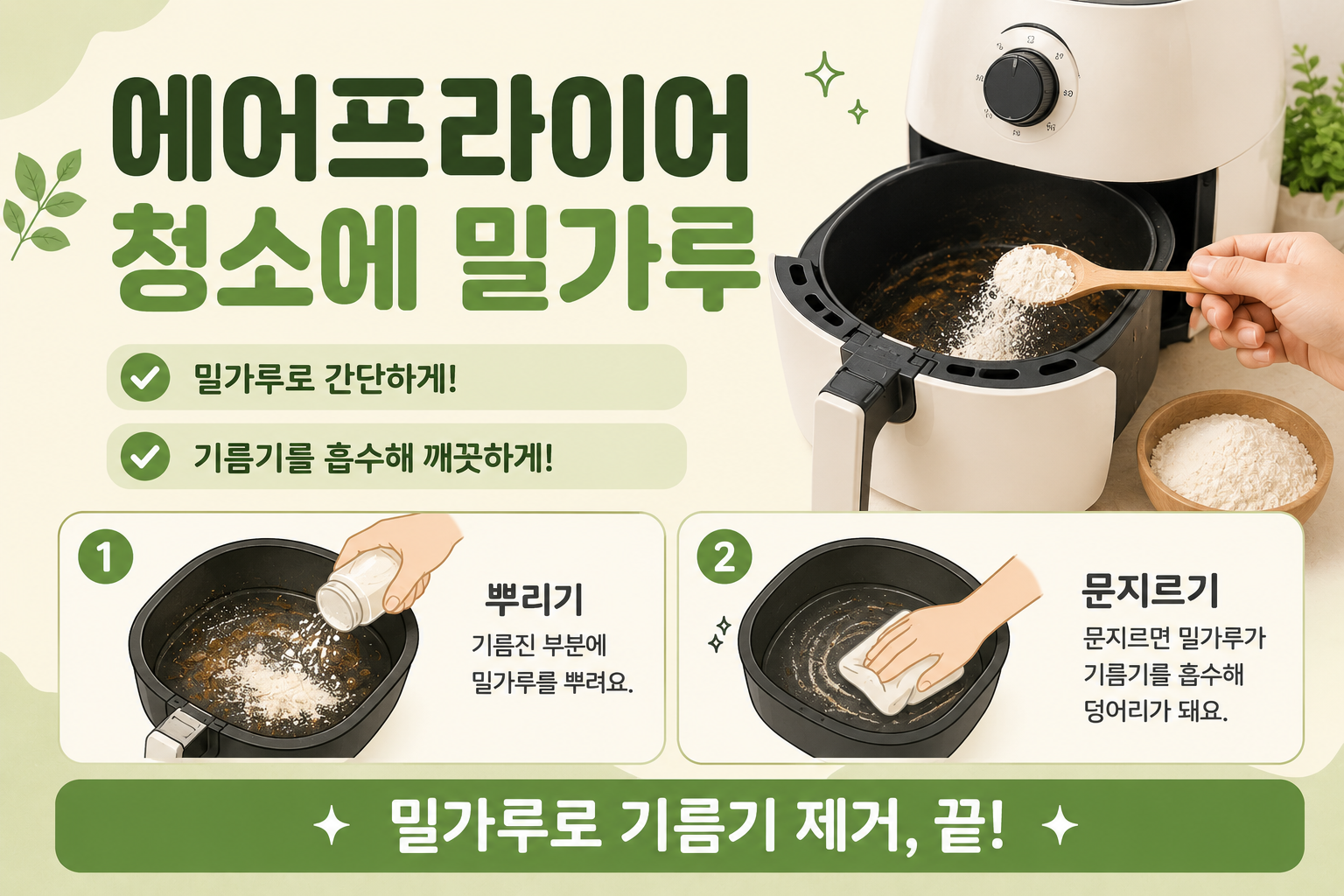 에어프라이어 기름때, 물로 닦기 전 밀가루부터 뿌리세요