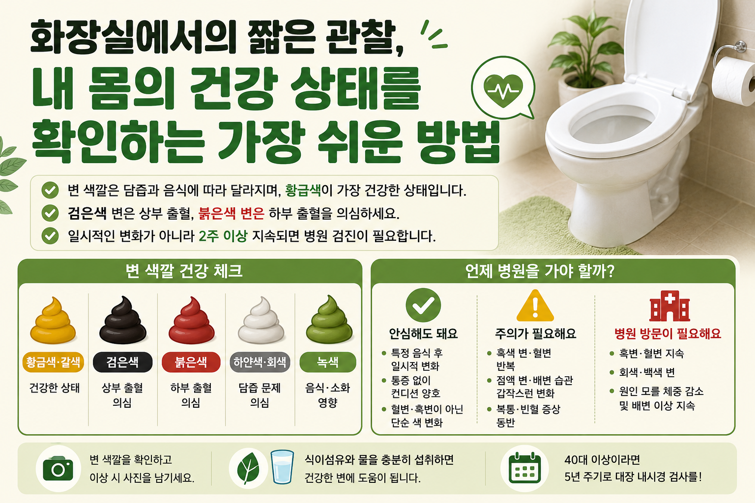 변 색깔로 보는 건강 신호, 검은 변·혈변·회색 변이면 꼭 확인하세요