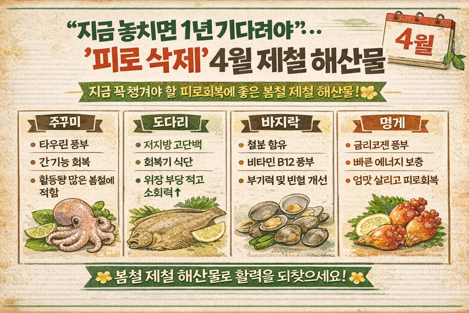 4월 제철 해산물 4가지…지금 놓치면 1년 기다려야 할 봄 피로 회복 식재료